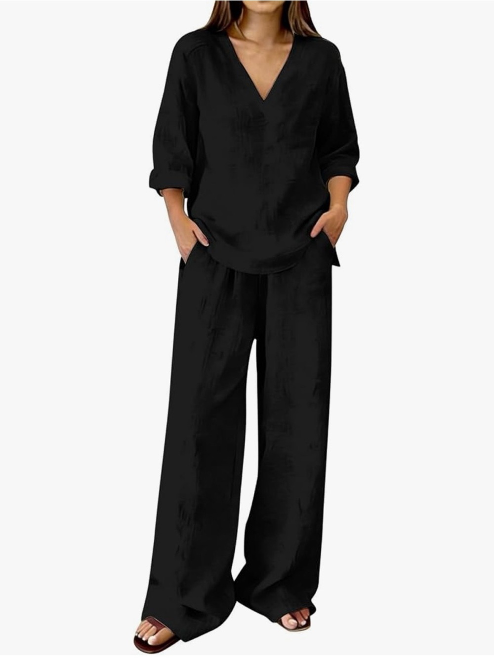 Eileen Fisher Black V-Neck Relaxed Top with Wide-Leg Pants